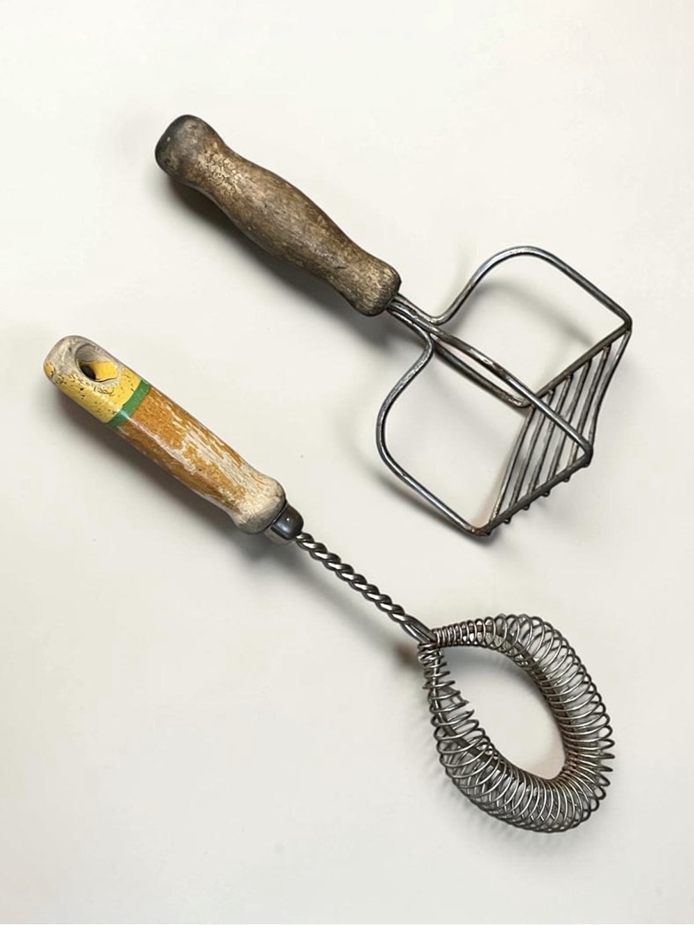 Vintage Wood Handle Coiled Wire Beater Whisk & Potato Masher